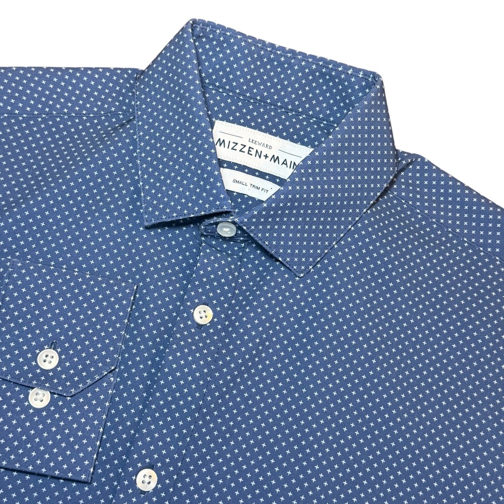 Mizzen+Main Leeward Mens Small Trim Fit Dress Shirt Blue Cross Print Performance